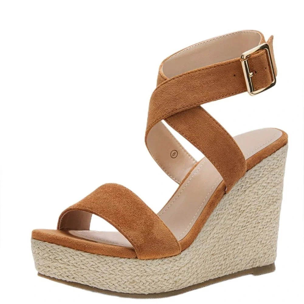New Coutgo Women's Wedge Sandals Cross Strap Espadrille Platform Size 9 Brown